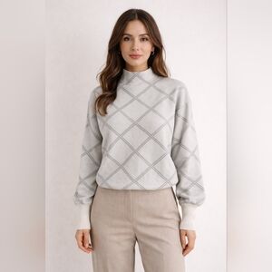 Tahari Plaid Mock Neck Windowpane Shimmer Sweater L Old Money Clean Girl Urban